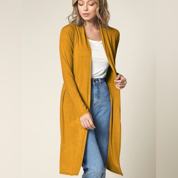 Solid Long Sleeve Open Front Long Cardigan -mustard - Picture 2 of 5